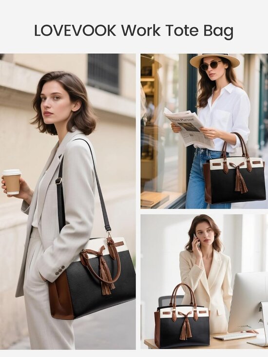 Laptop Bag for Women,Work Tote Bag with Large Cup Holder,Leather Computer Bag Te - Picture 2 of 6